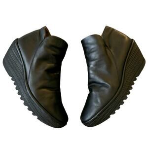 Fly London Yip Wedge Ankle Booties Black 10 US Leather Slouchy Edgy Alt Grunge